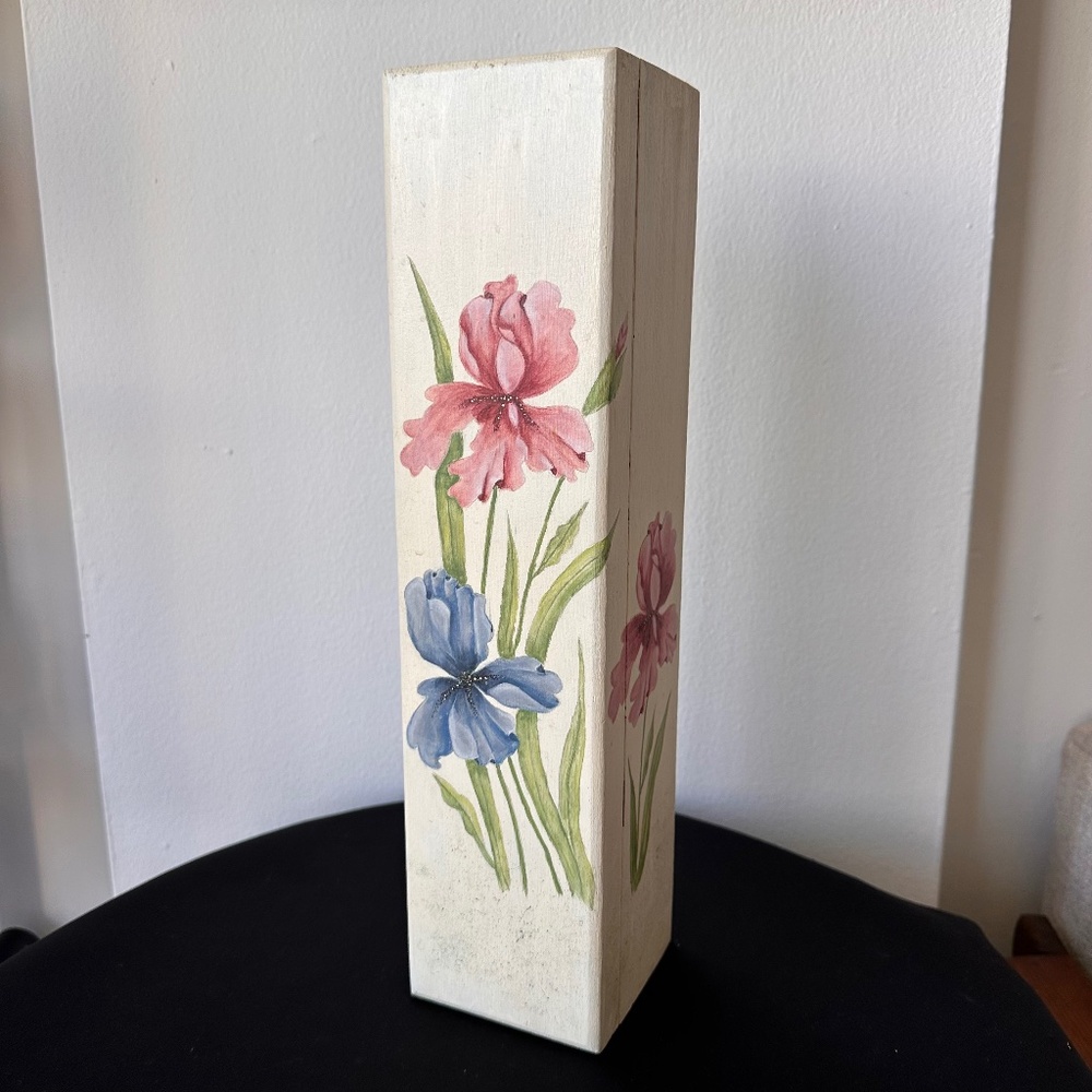 Vintage Hand-Painted Wooden Box Rectangular Floral Design Pink & Blue Irises 15"